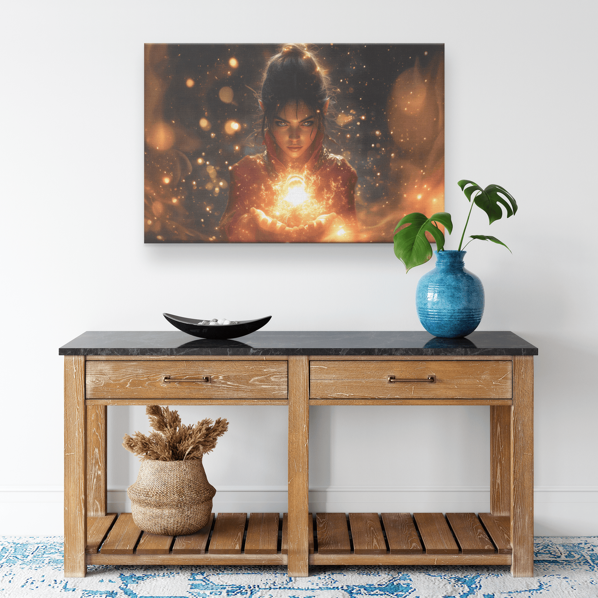 Female Night Elf Mage Summoning Glowing Fireball Shimmering Textures Radiant Golden Reflections Canvas Wall Art - Awakening Righteousness