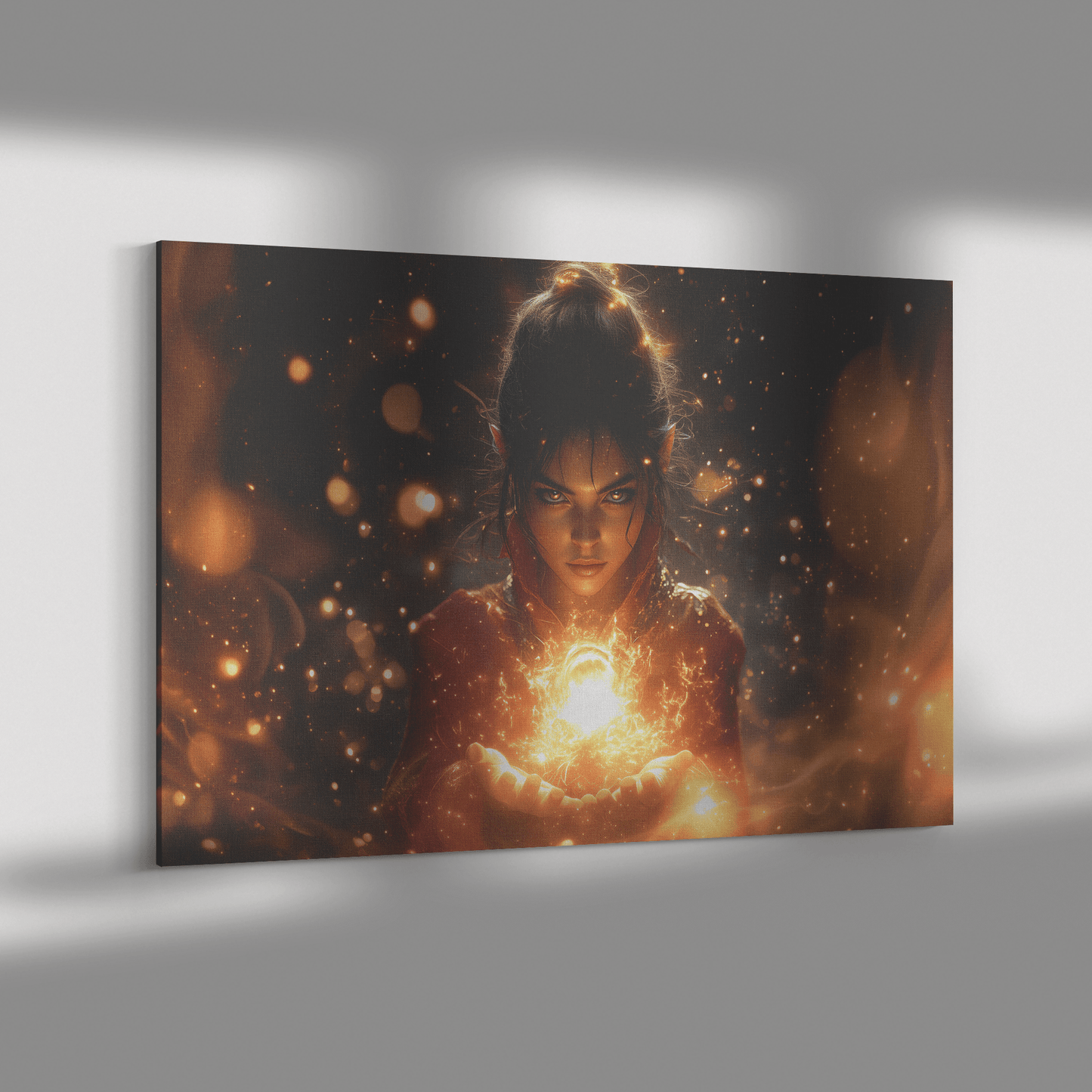 Female Night Elf Mage Summoning Glowing Fireball Shimmering Textures Radiant Golden Reflections Canvas Wall Art - Awakening Righteousness