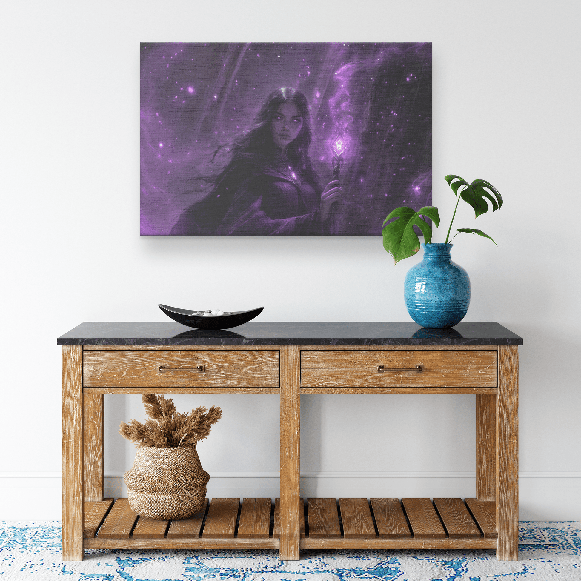 Female Night Elf Mage Wielding Radiant Staff Shimmering Silver Stars Cascading Purple Reflections Canvas Wall Art - Awakening Righteousness