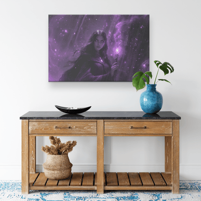 Female Night Elf Mage Wielding Radiant Staff Shimmering Silver Stars Cascading Purple Reflections Canvas Wall Art - Awakening Righteousness