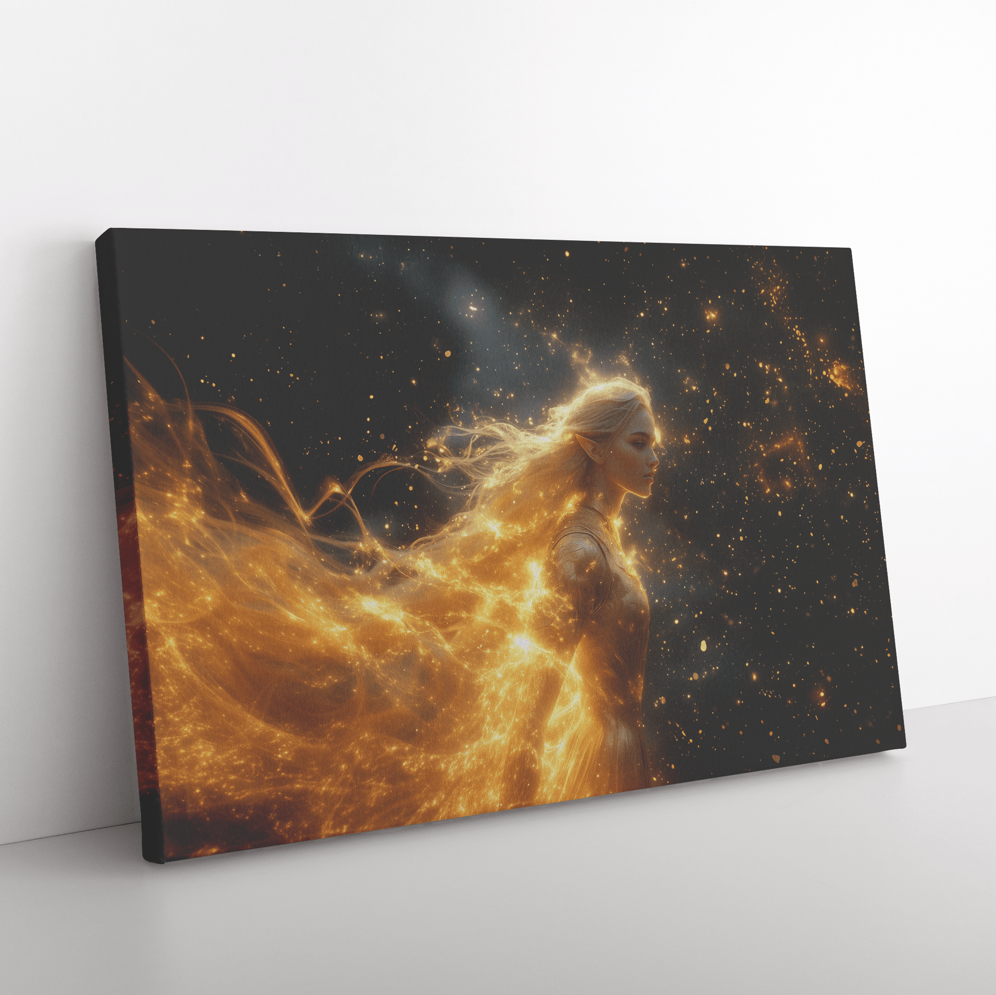 Female Night Elf Paladin Golden Armor Shimmering Stars Glowing Cosmic Reflections Canvas Wall Art - Awakening Righteousness
