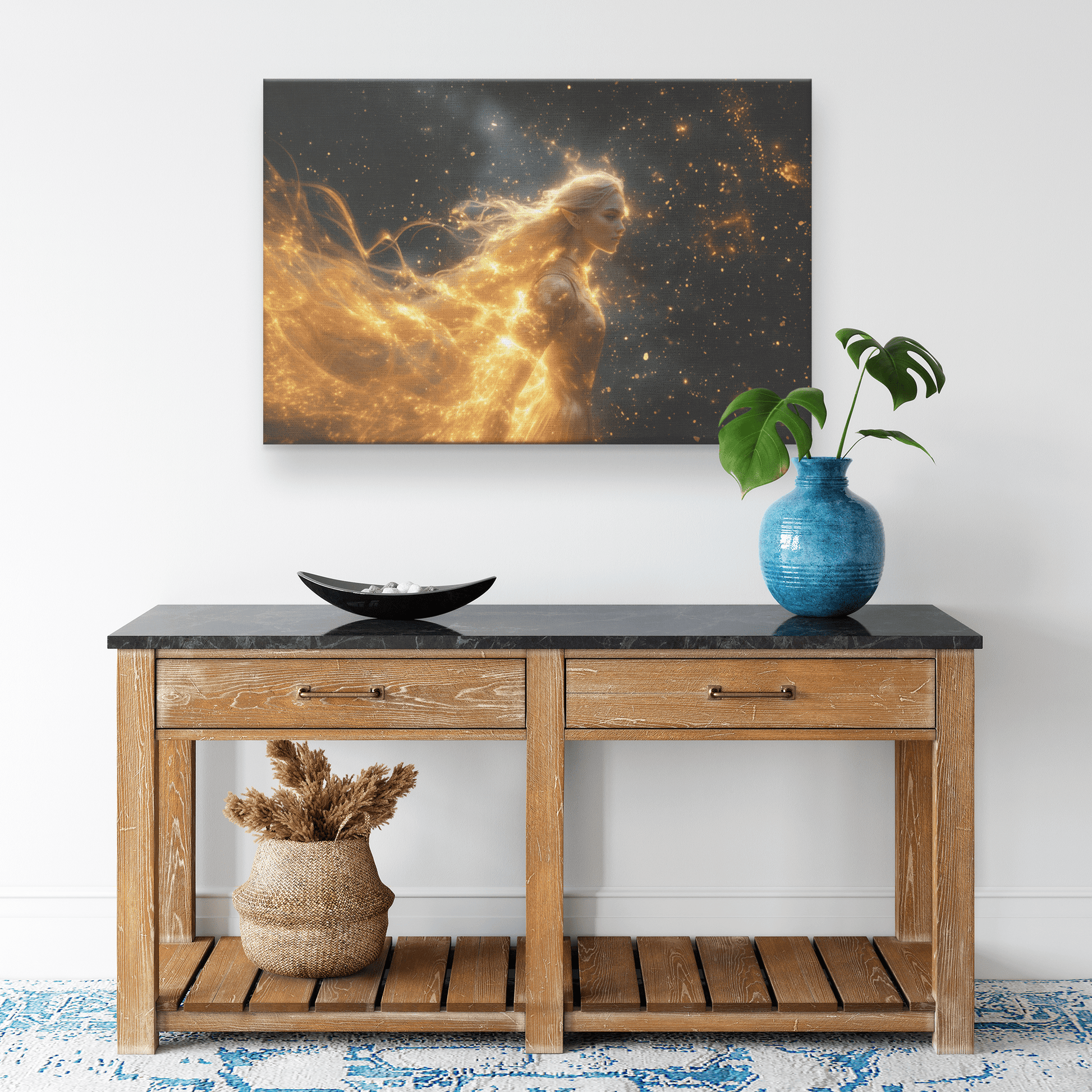 Female Night Elf Paladin Golden Armor Shimmering Stars Glowing Cosmic Reflections Canvas Wall Art - Awakening Righteousness
