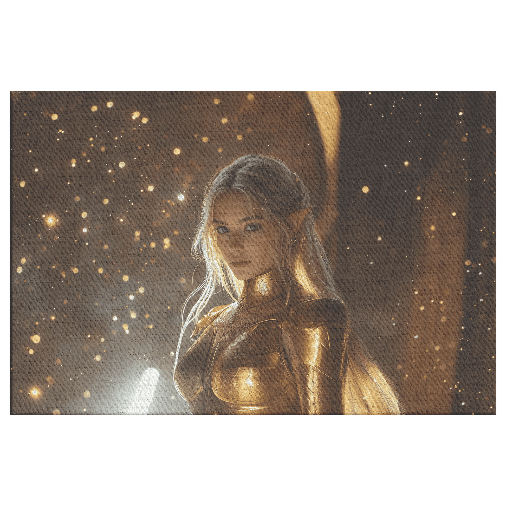 Female Night Elf Paladin Golden Armor Shimmering Stars Glowing Cosmic Reflections Canvas Wall Art - Awakening Righteousness