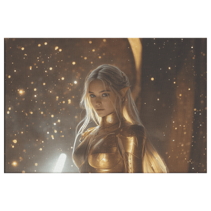 Female Night Elf Paladin Golden Armor Shimmering Stars Glowing Cosmic Reflections Canvas Wall Art - Awakening Righteousness
