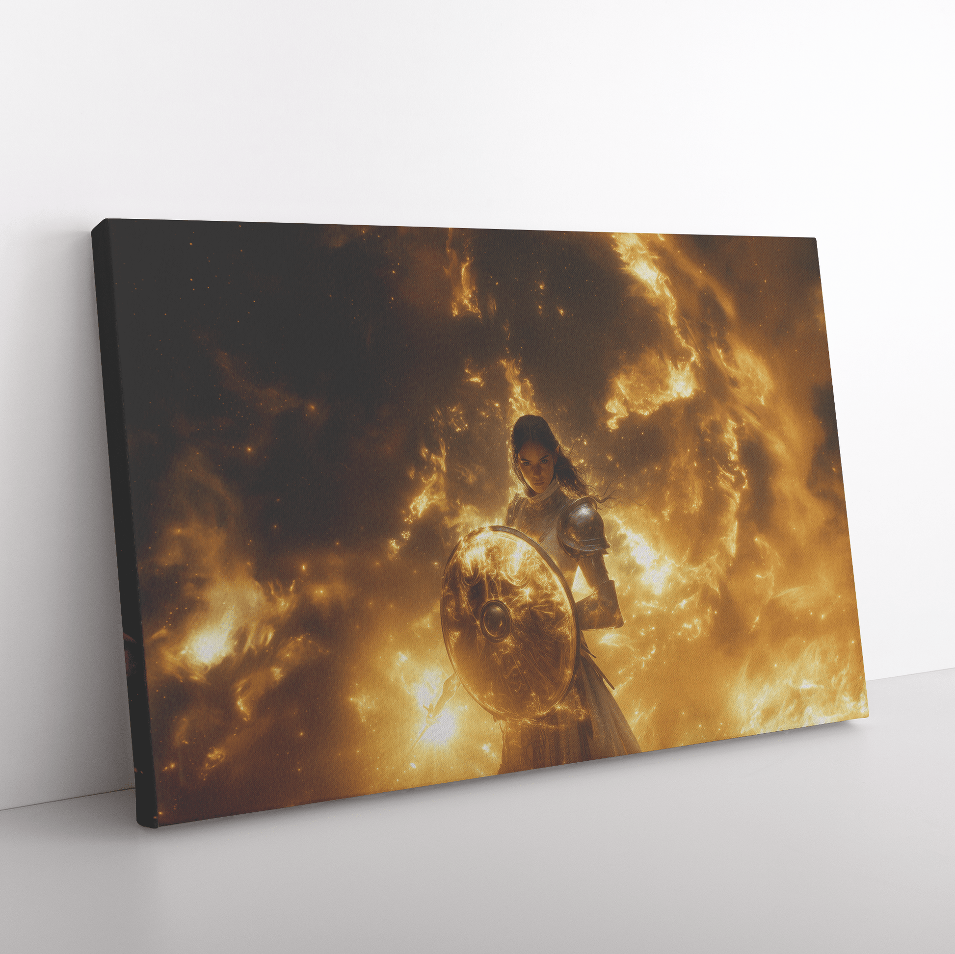 Female Night Elf Paladin Silver Gold Plate Armor Shield Radiant Light Cosmic Mist Glowing Textures Canvas Wall Art - Awakening Righteousness