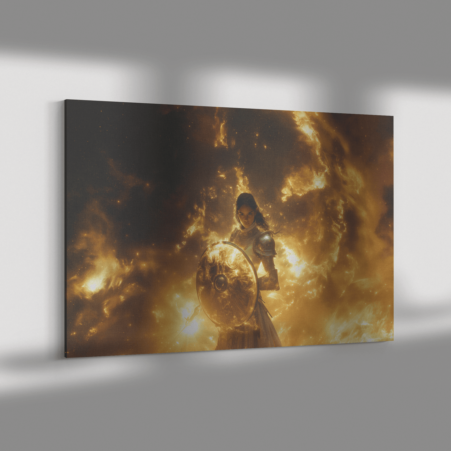 Female Night Elf Paladin Silver Gold Plate Armor Shield Radiant Light Cosmic Mist Glowing Textures Canvas Wall Art - Awakening Righteousness