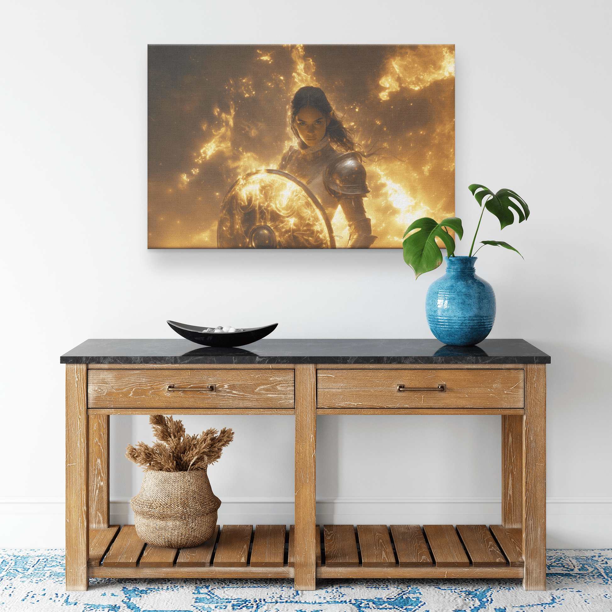 Female Night Elf Paladin Silver Gold Plate Armor Shield Radiant Light Shimmering Cosmic Mist Canvas Wall Art - Awakening Righteousness