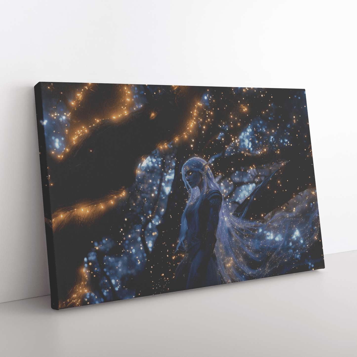 Female Night Elf Paladin Silver Purple Armor Glowing Golden Accents Shimmering Light Cascading Stars Canvas Wall Art - Awakening Righteousness