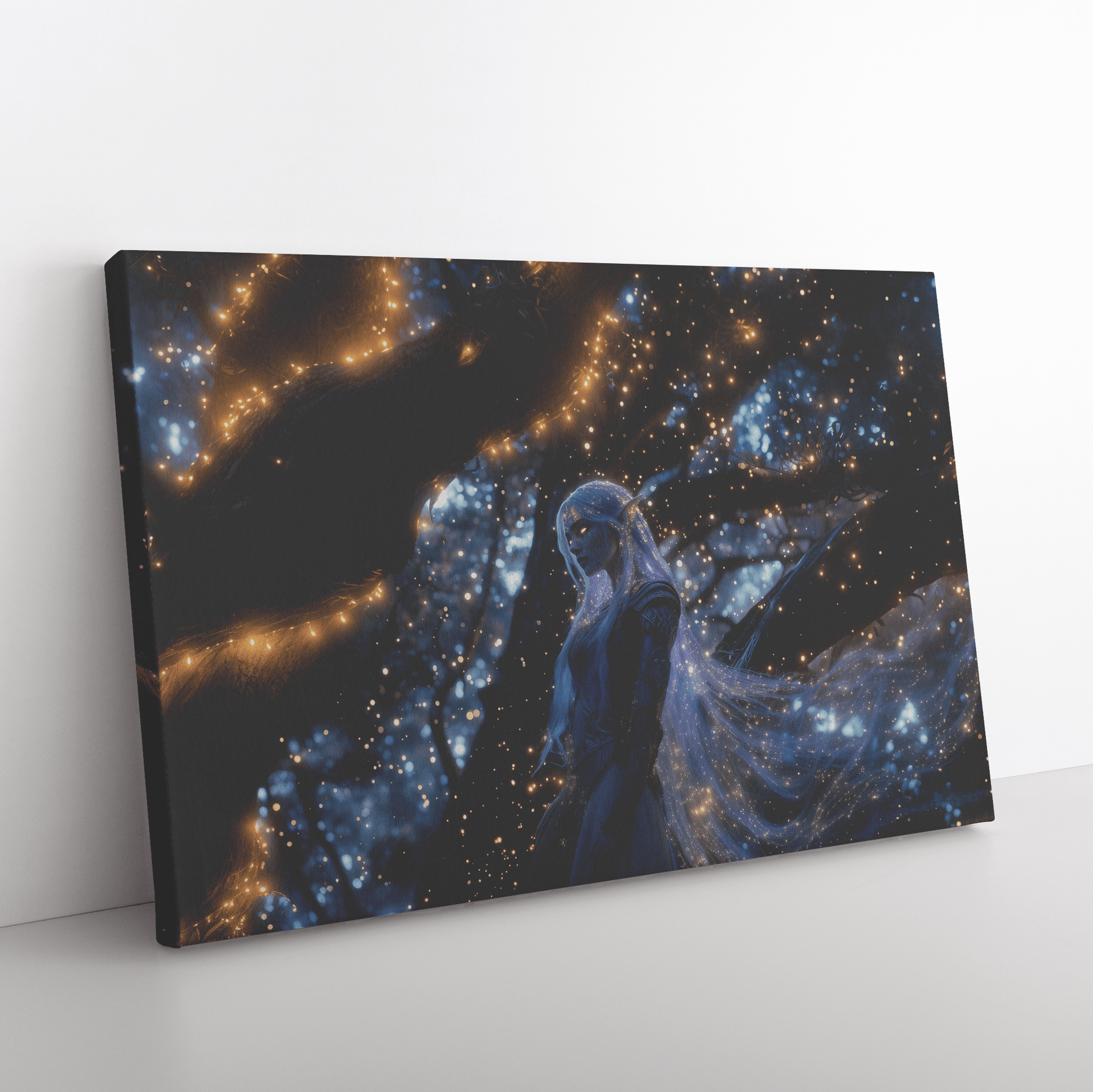 Female Night Elf Paladin Silver Purple Armor Glowing Golden Accents Shimmering Light Cascading Stars Canvas Wall Art - Awakening Righteousness