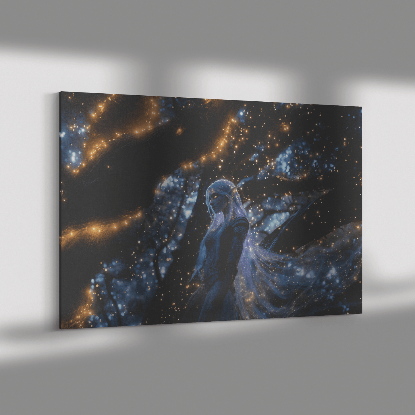 Female Night Elf Paladin Silver Purple Armor Glowing Golden Accents Shimmering Light Cascading Stars Canvas Wall Art - Awakening Righteousness