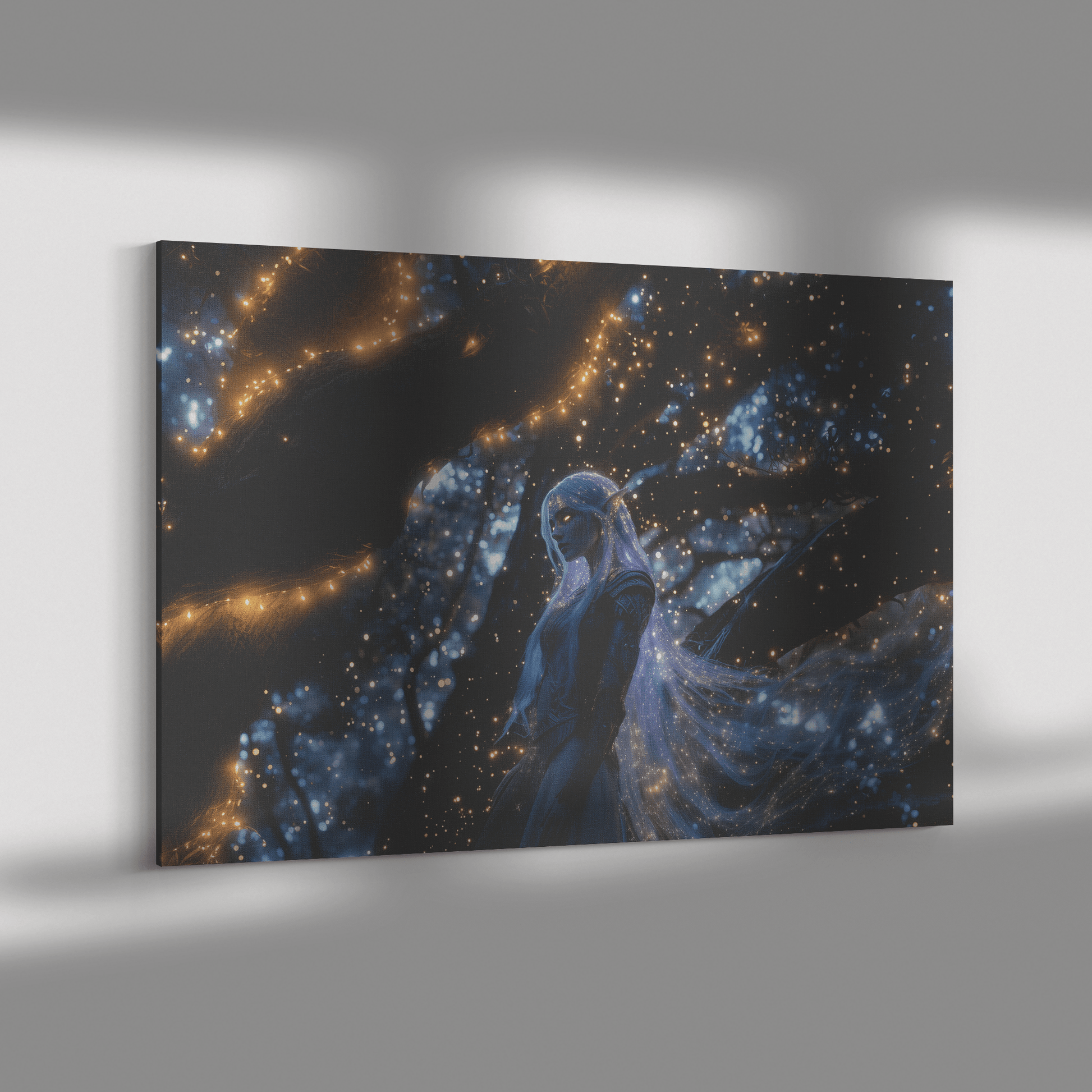 Female Night Elf Paladin Silver Purple Armor Glowing Golden Accents Shimmering Light Cascading Stars Canvas Wall Art - Awakening Righteousness