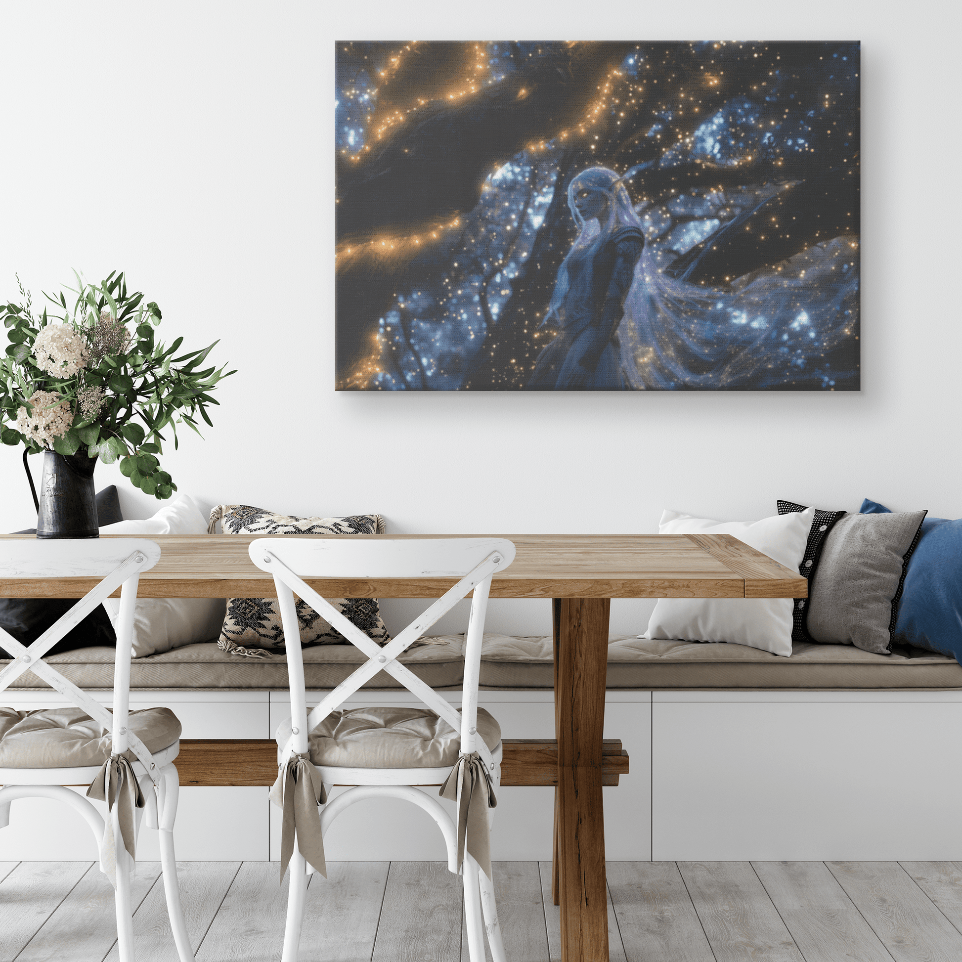Female Night Elf Paladin Silver Purple Armor Glowing Golden Accents Shimmering Light Cascading Stars Canvas Wall Art - Awakening Righteousness