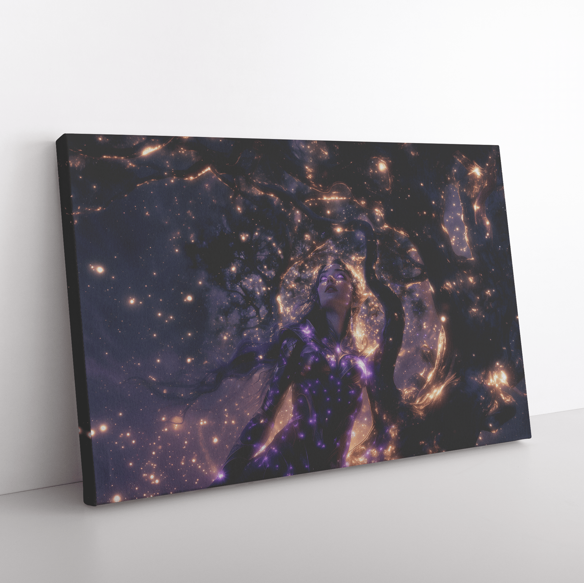 Female Night Elf Paladin Silver Purple Armor Glowing Golden Accents Shimmering Silver Light Cascading Stars Canvas Wall Art - Awakening Righteousness
