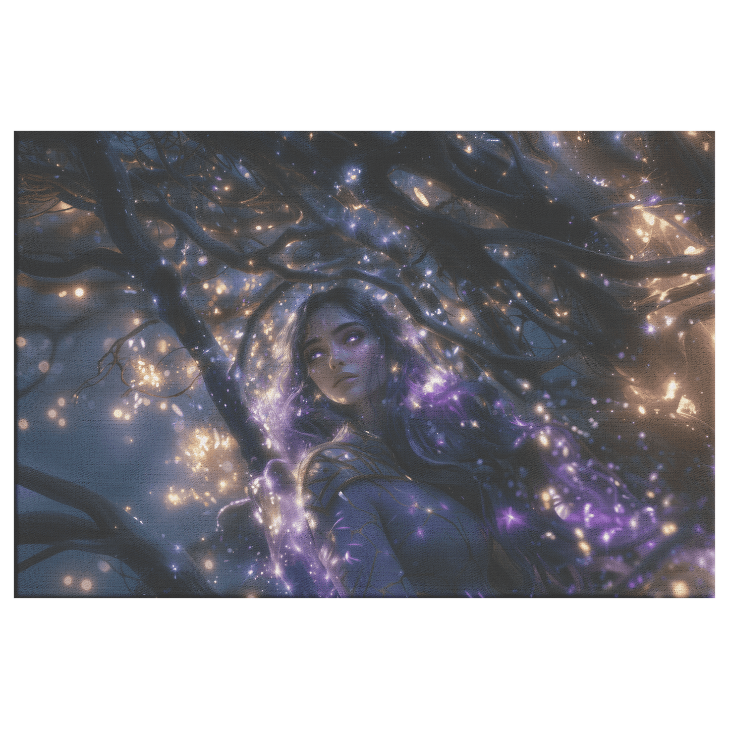 Female Night Elf Paladin Silver Purple Armor Glowing Golden Accents Shimmering Silver Light Cascading Stars Canvas Wall Art - Awakening Righteousness