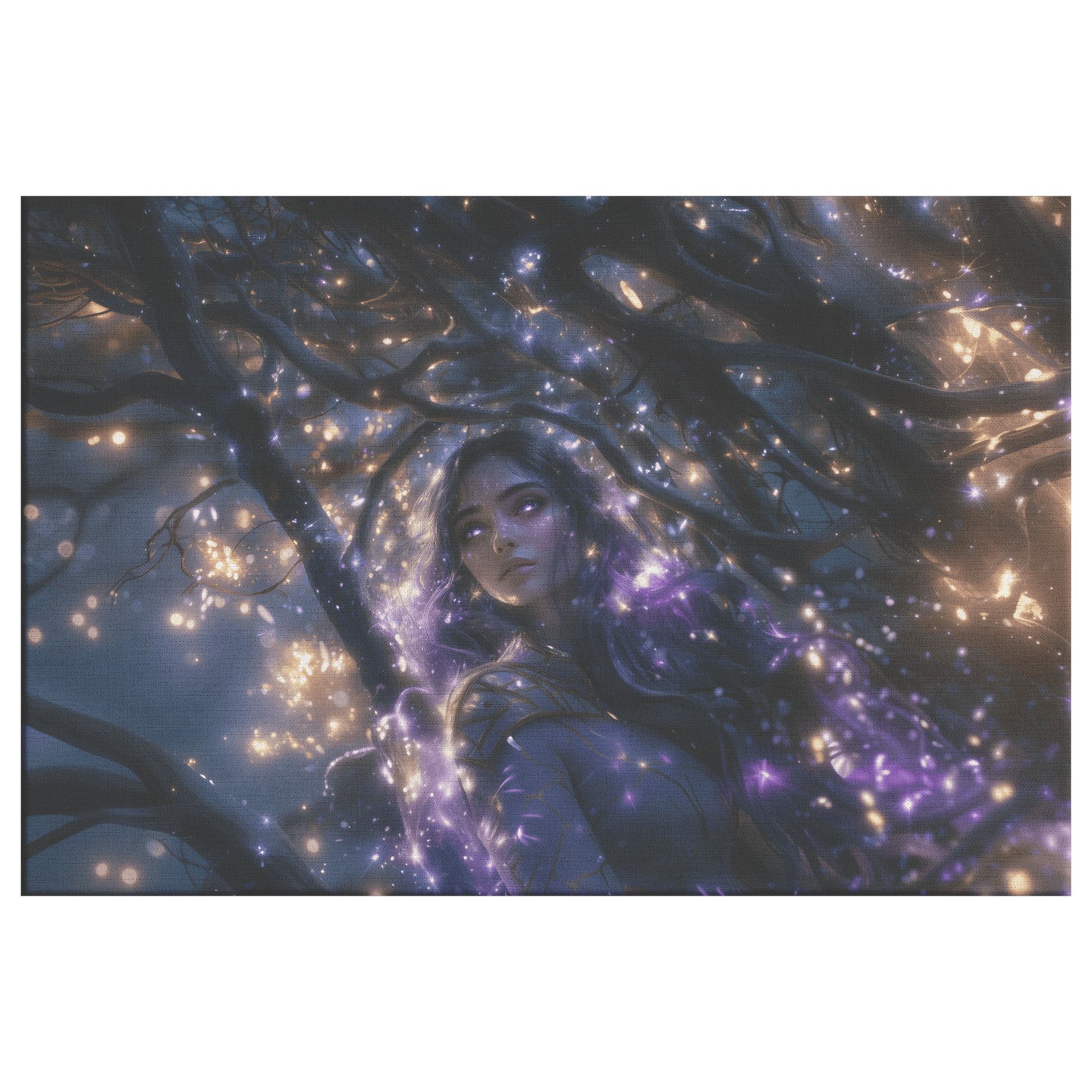 Female Night Elf Paladin Silver Purple Armor Glowing Golden Accents Shimmering Silver Light Cascading Stars Canvas Wall Art - Awakening Righteousness