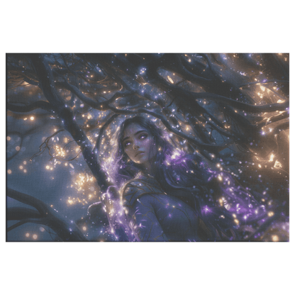 Female Night Elf Paladin Silver Purple Armor Glowing Golden Accents Shimmering Silver Light Cascading Stars Canvas Wall Art - Awakening Righteousness