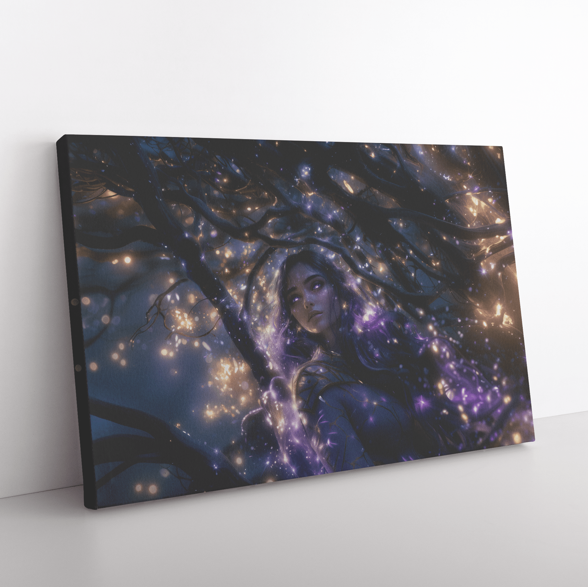 Female Night Elf Paladin Silver Purple Armor Glowing Golden Accents Shimmering Silver Light Cascading Stars Canvas Wall Art - Awakening Righteousness