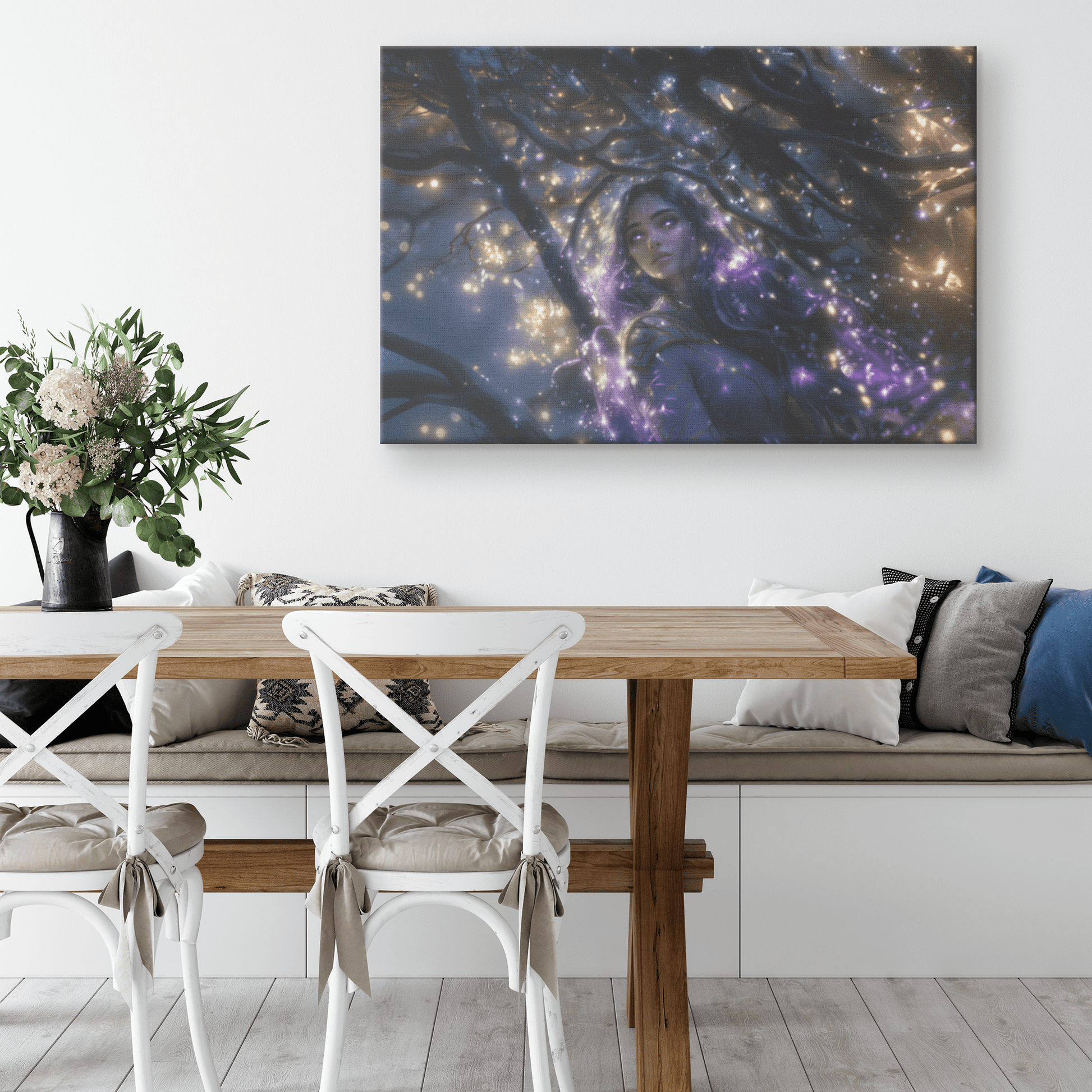 Female Night Elf Paladin Silver Purple Armor Glowing Golden Accents Shimmering Silver Light Cascading Stars Canvas Wall Art - Awakening Righteousness