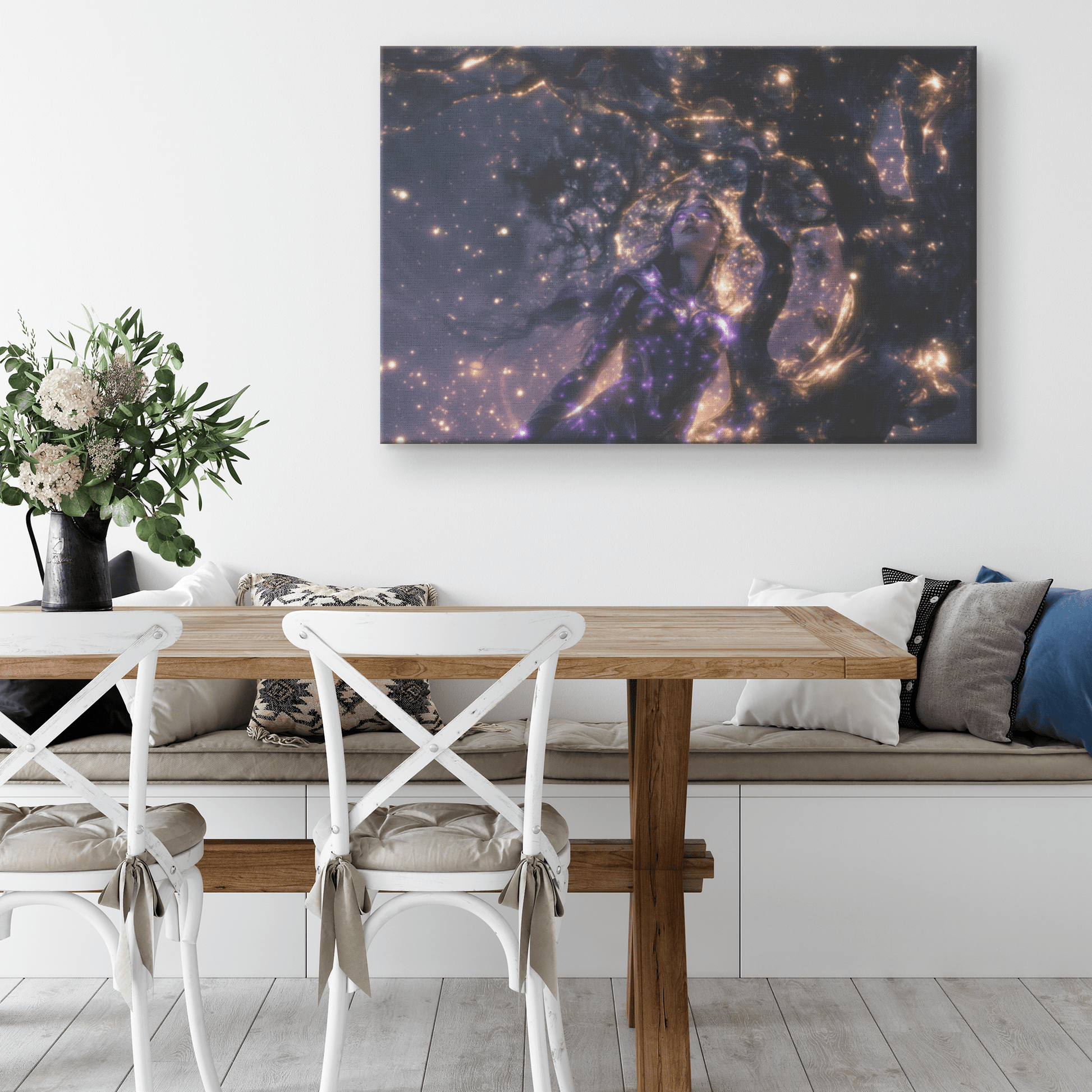 Female Night Elf Paladin Silver Purple Armor Glowing Golden Accents Shimmering Silver Light Cascading Stars Canvas Wall Art - Awakening Righteousness