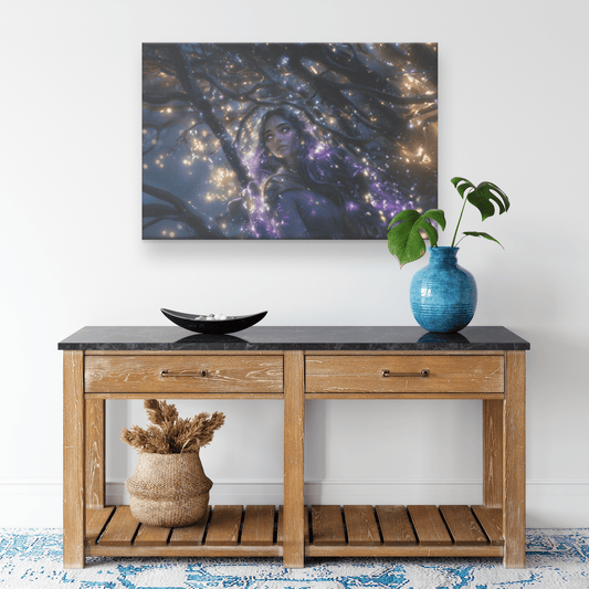 Female Night Elf Paladin Silver Purple Armor Glowing Golden Accents Shimmering Silver Light Cascading Stars Canvas Wall Art - Awakening Righteousness
