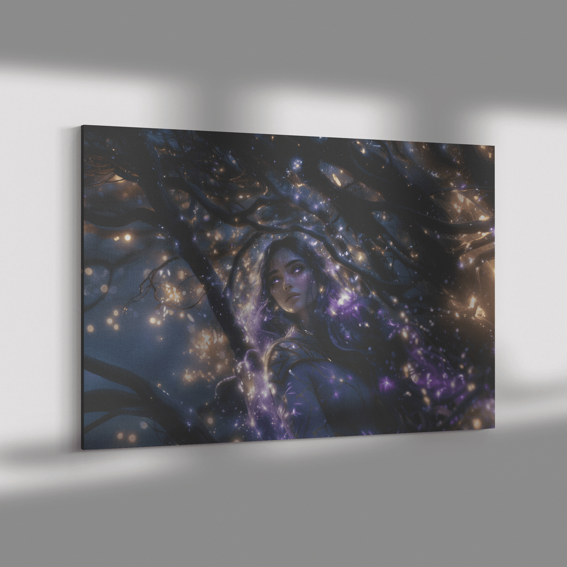 Female Night Elf Paladin Silver Purple Armor Glowing Golden Accents Shimmering Silver Light Cascading Stars Canvas Wall Art - Awakening Righteousness