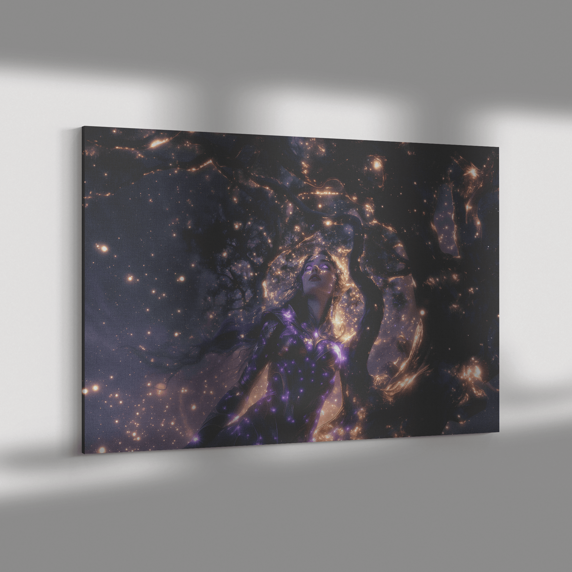 Female Night Elf Paladin Silver Purple Armor Glowing Golden Accents Shimmering Silver Light Cascading Stars Canvas Wall Art - Awakening Righteousness