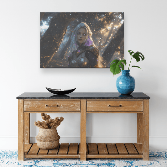 Female Night Elf Paladin Silver Purple Armor Glowing Golden Accents Shimmering Silver Light Cascading Stars Canvas Wall Art - Awakening Righteousness