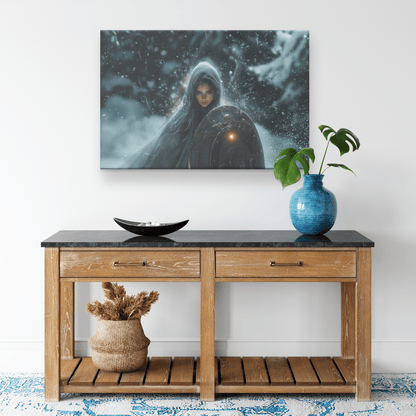 Female Night Elf Paladin Wielding Glowing Shield Shimmering Textures Cascading Silver Highlights Canvas Wall Art - Awakening Righteousness