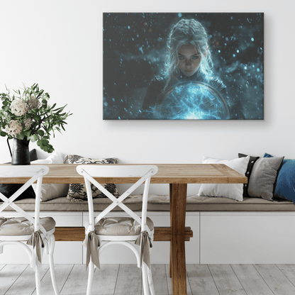 Female Night Elf Paladin Wielding Glowing Shield Shimmering Textures Cascading Silver Highlights Canvas Wall Art - Awakening Righteousness
