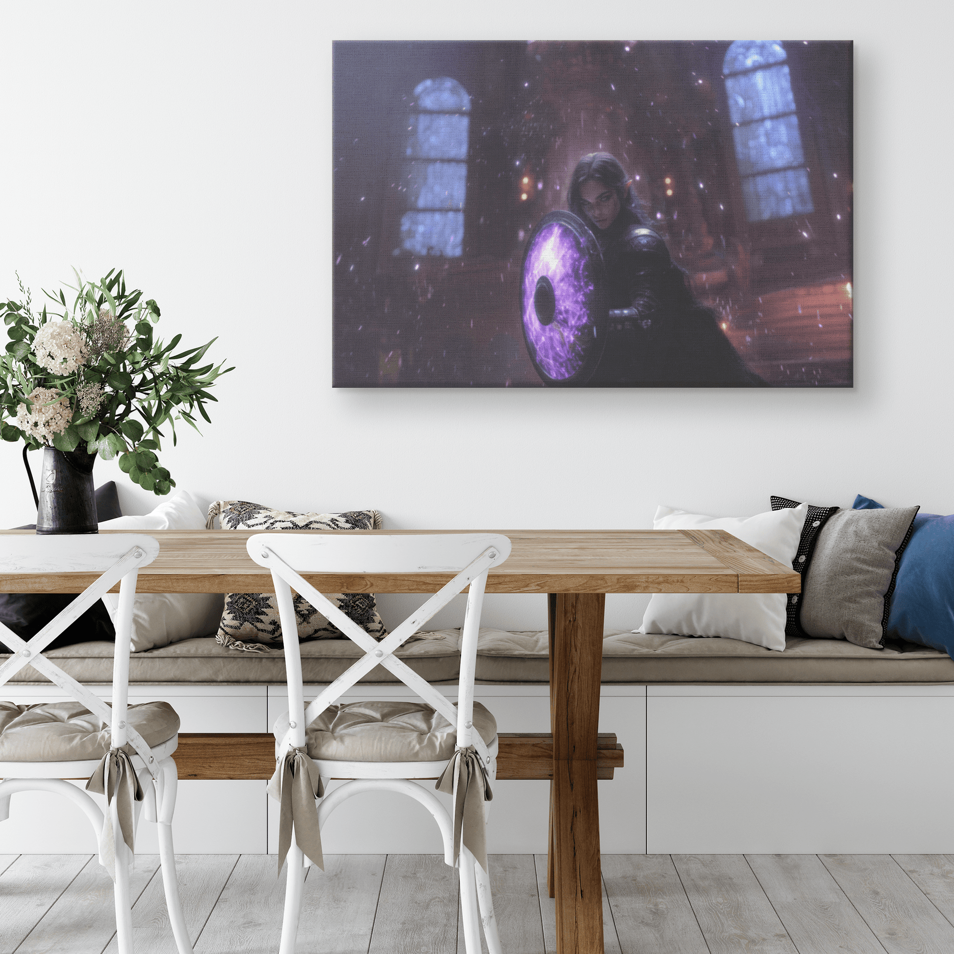 Female Night Elf Paladin Wielding Glowing Shield Shimmering Textures Cascading Silver Highlights Canvas Wall Art - Awakening Righteousness