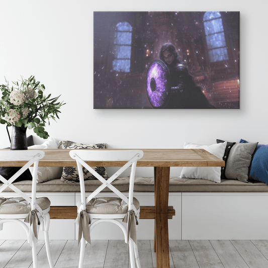 Female Night Elf Paladin Wielding Glowing Shield Shimmering Textures Cascading Silver Highlights Canvas Wall Art - Awakening Righteousness