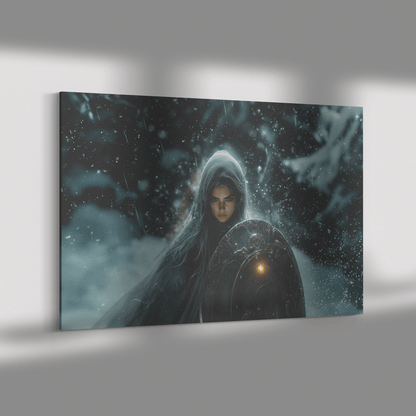 Female Night Elf Paladin Wielding Glowing Shield Shimmering Textures Cascading Silver Highlights Canvas Wall Art - Awakening Righteousness