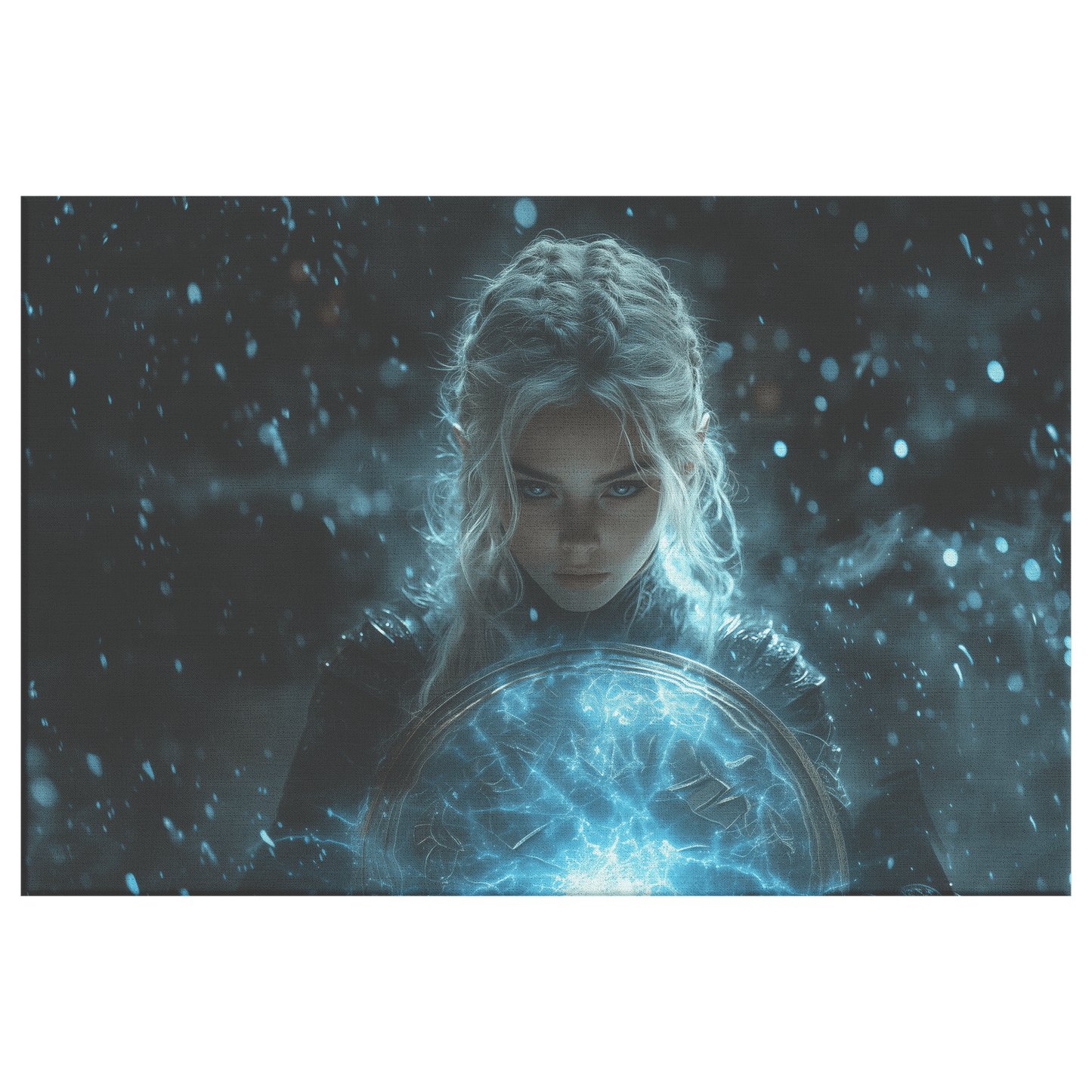 Female Night Elf Paladin Wielding Glowing Shield Shimmering Textures Cascading Silver Highlights Canvas Wall Art - Awakening Righteousness