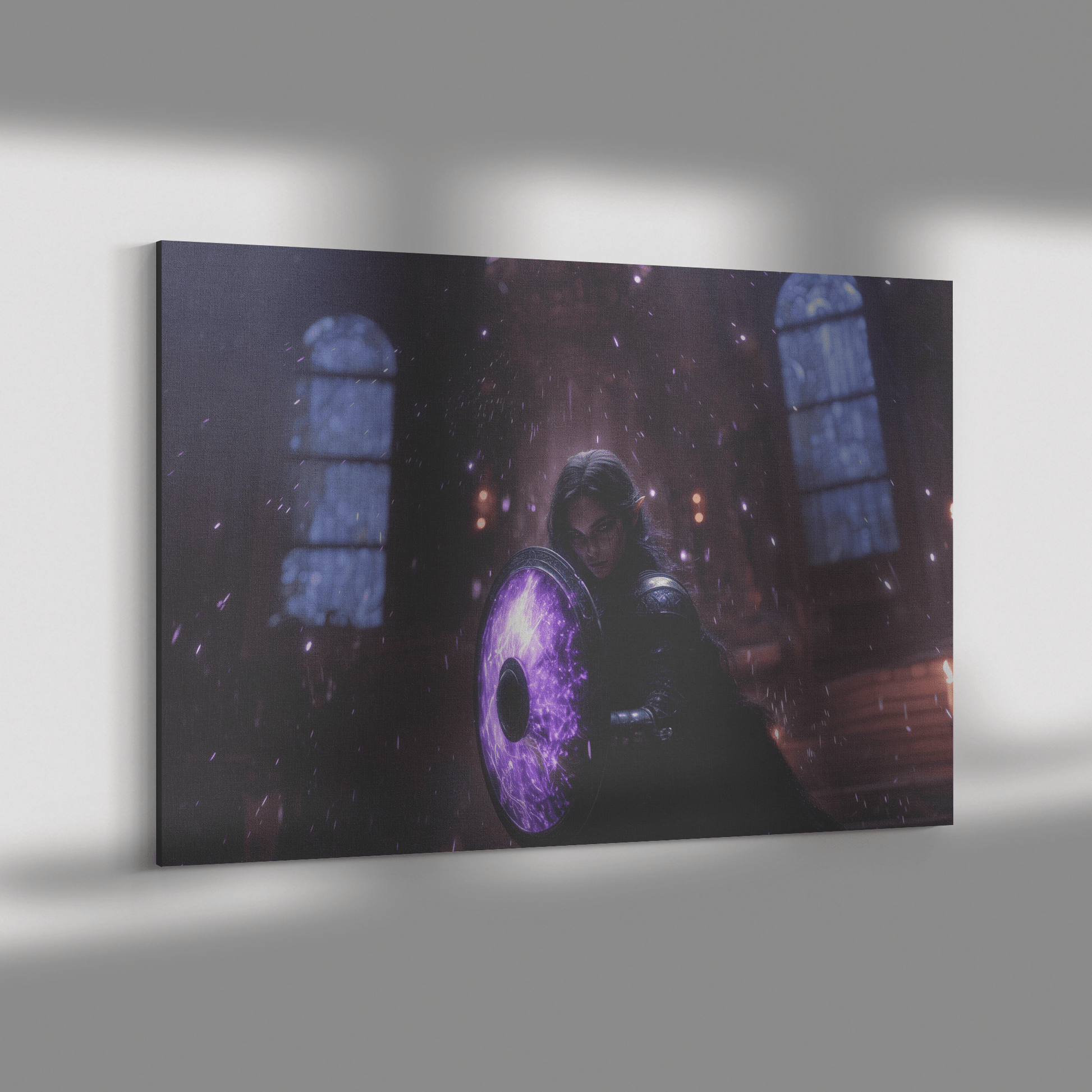 Female Night Elf Paladin Wielding Glowing Shield Shimmering Textures Cascading Silver Highlights Canvas Wall Art - Awakening Righteousness