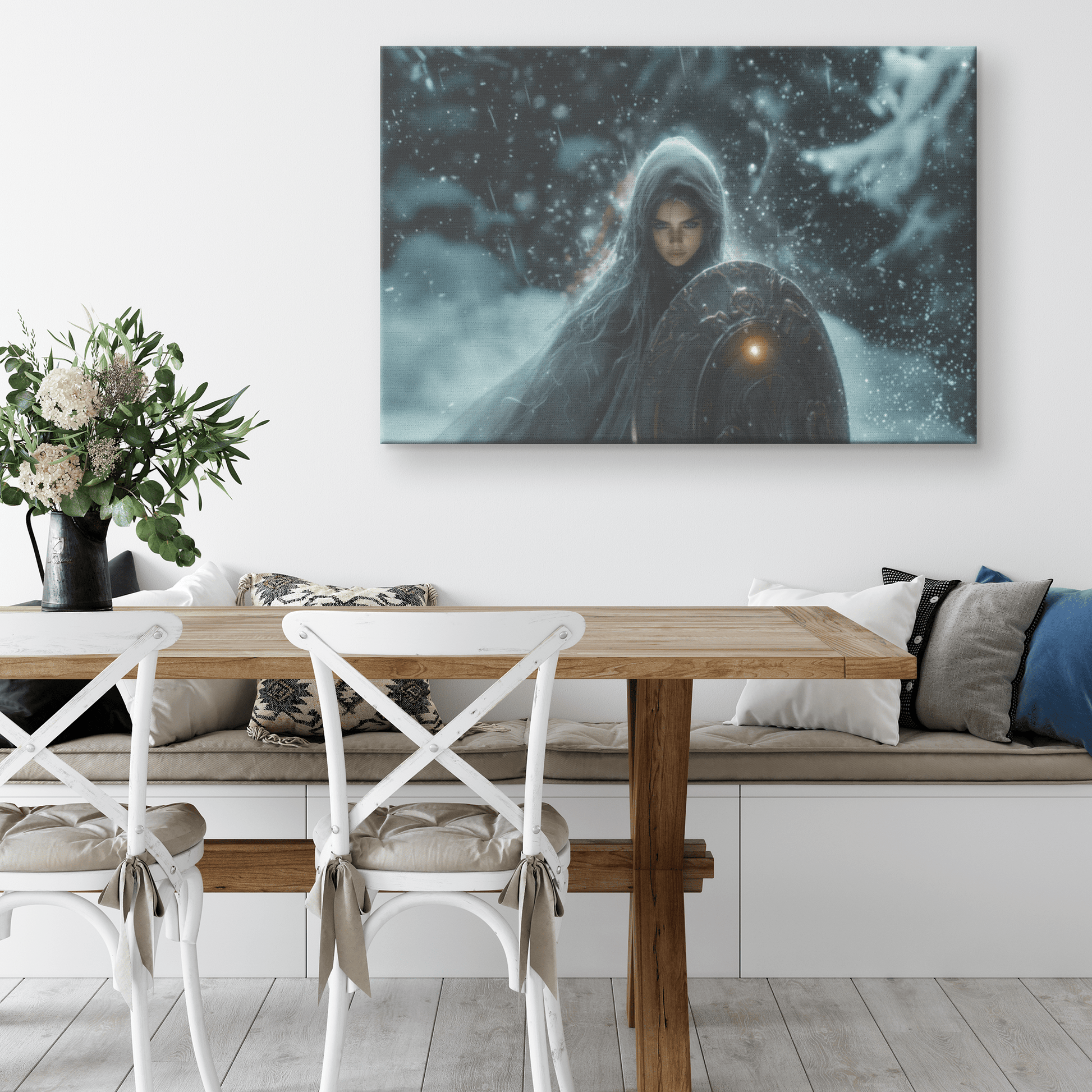 Female Night Elf Paladin Wielding Glowing Shield Shimmering Textures Cascading Silver Highlights Canvas Wall Art - Awakening Righteousness