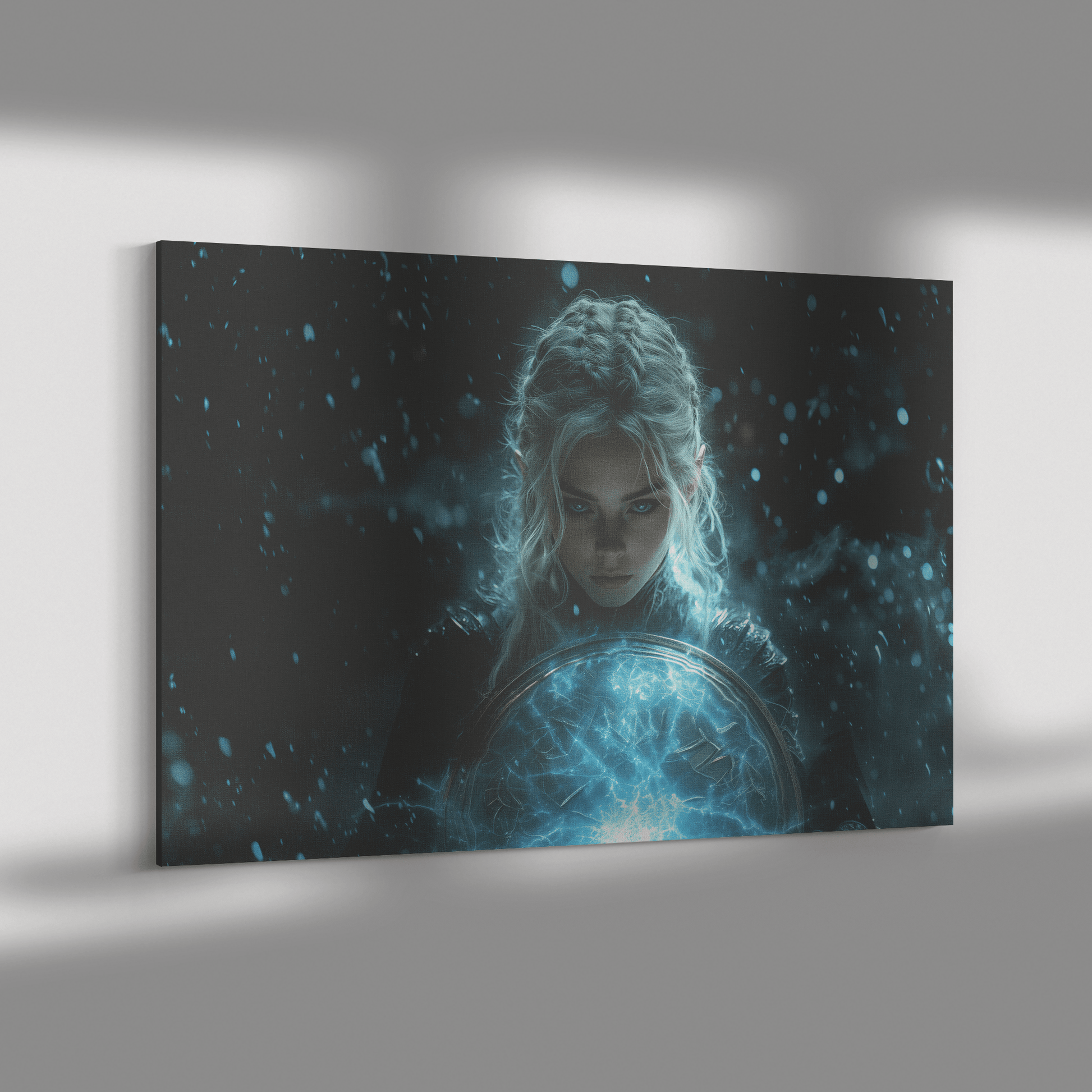 Female Night Elf Paladin Wielding Glowing Shield Shimmering Textures Cascading Silver Highlights Canvas Wall Art - Awakening Righteousness