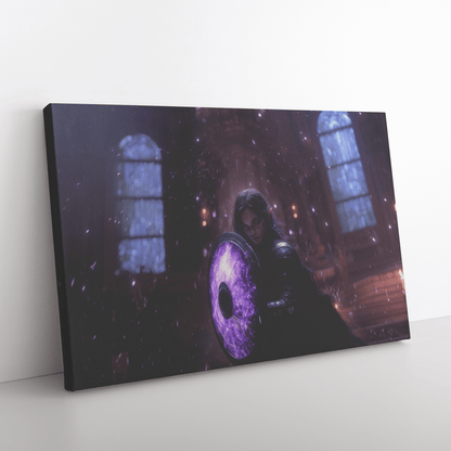 Female Night Elf Paladin Wielding Glowing Shield Shimmering Textures Cascading Silver Highlights Canvas Wall Art - Awakening Righteousness
