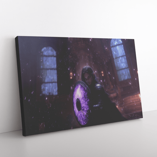 Female Night Elf Paladin Wielding Glowing Shield Shimmering Textures Cascading Silver Highlights Canvas Wall Art - Awakening Righteousness
