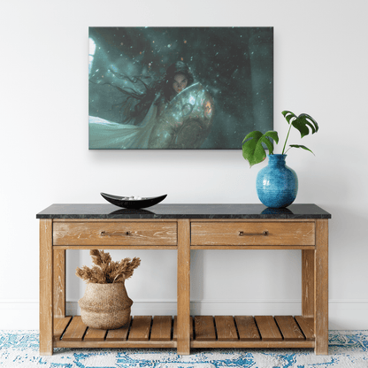 Female Night Elf Paladin Wielding Glowing Shield Shimmering Textures Cascading Silver Highlights Canvas Wall Art - Awakening Righteousness