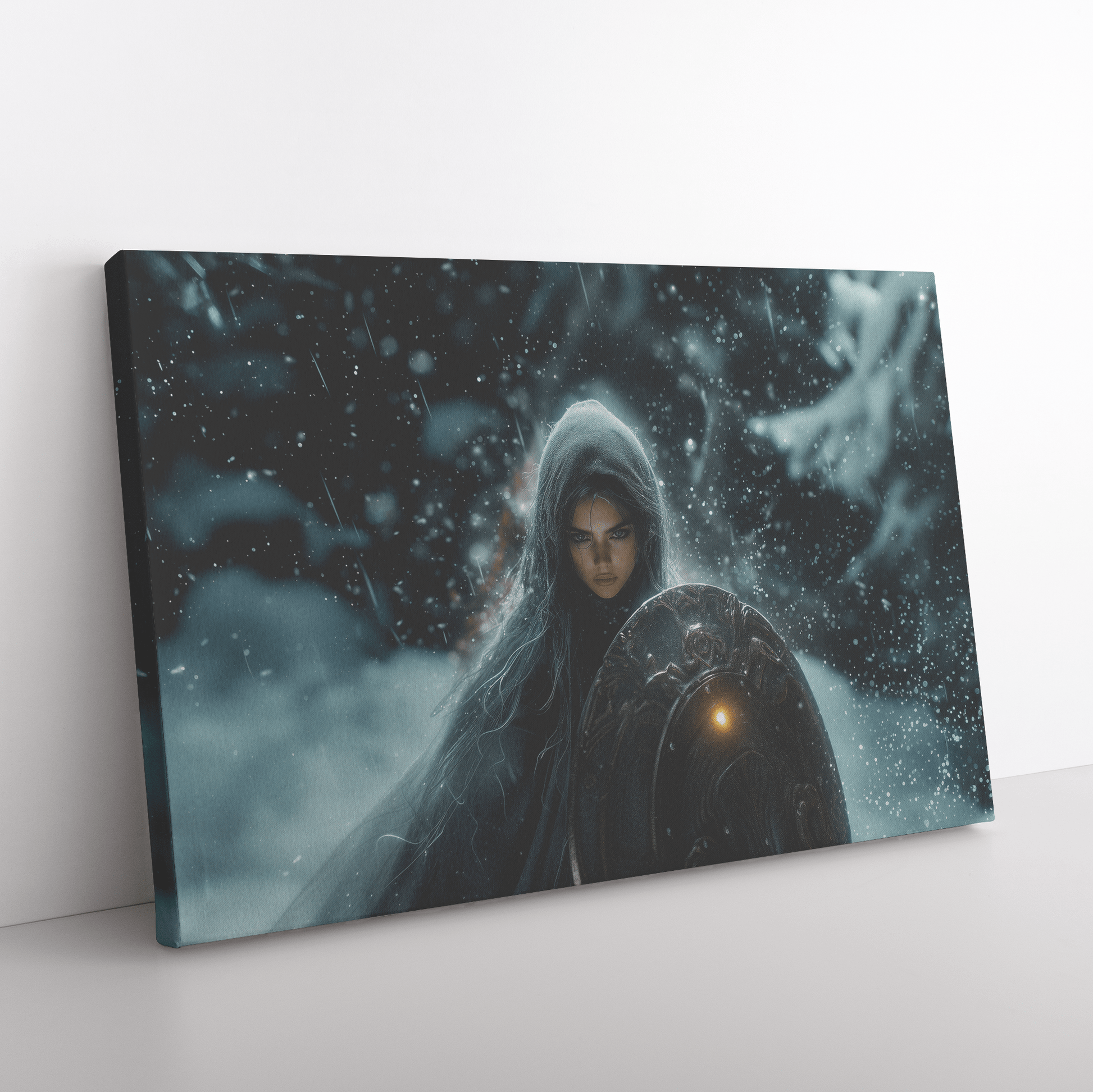 Female Night Elf Paladin Wielding Glowing Shield Shimmering Textures Cascading Silver Highlights Canvas Wall Art - Awakening Righteousness