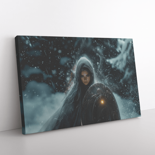 Female Night Elf Paladin Wielding Glowing Shield Shimmering Textures Cascading Silver Highlights Canvas Wall Art - Awakening Righteousness