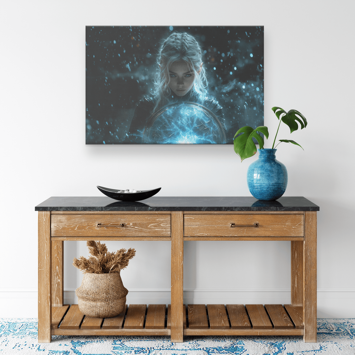 Female Night Elf Paladin Wielding Glowing Shield Shimmering Textures Cascading Silver Highlights Canvas Wall Art - Awakening Righteousness