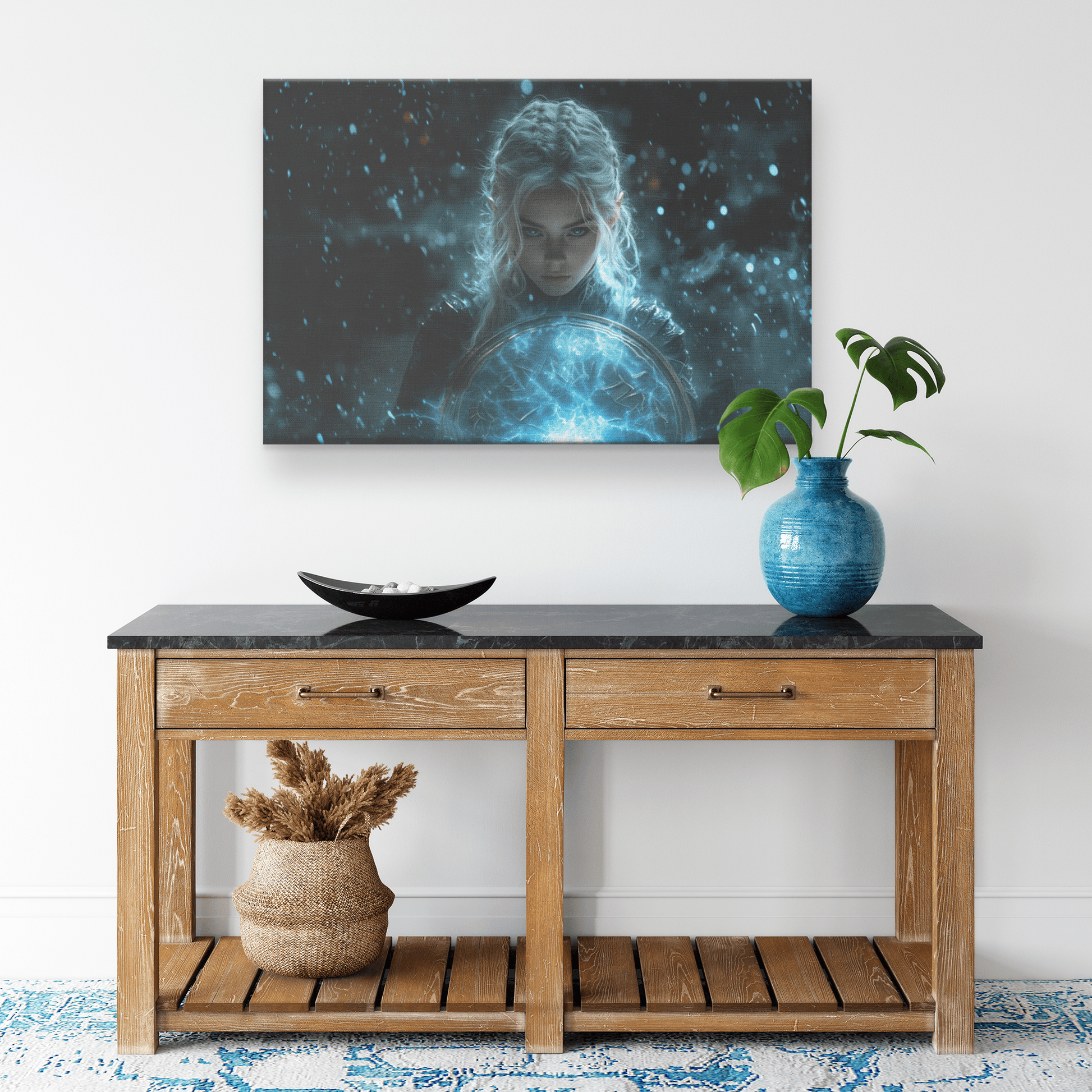 Female Night Elf Paladin Wielding Glowing Shield Shimmering Textures Cascading Silver Highlights Canvas Wall Art - Awakening Righteousness