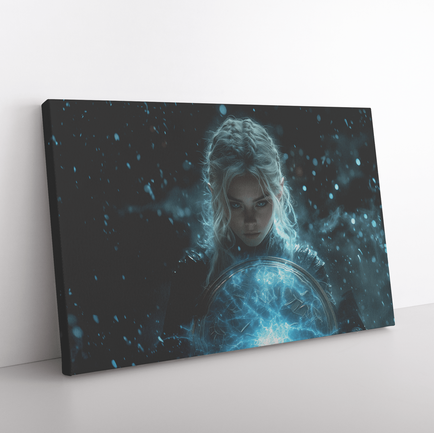 Female Night Elf Paladin Wielding Glowing Shield Shimmering Textures Cascading Silver Highlights Canvas Wall Art - Awakening Righteousness
