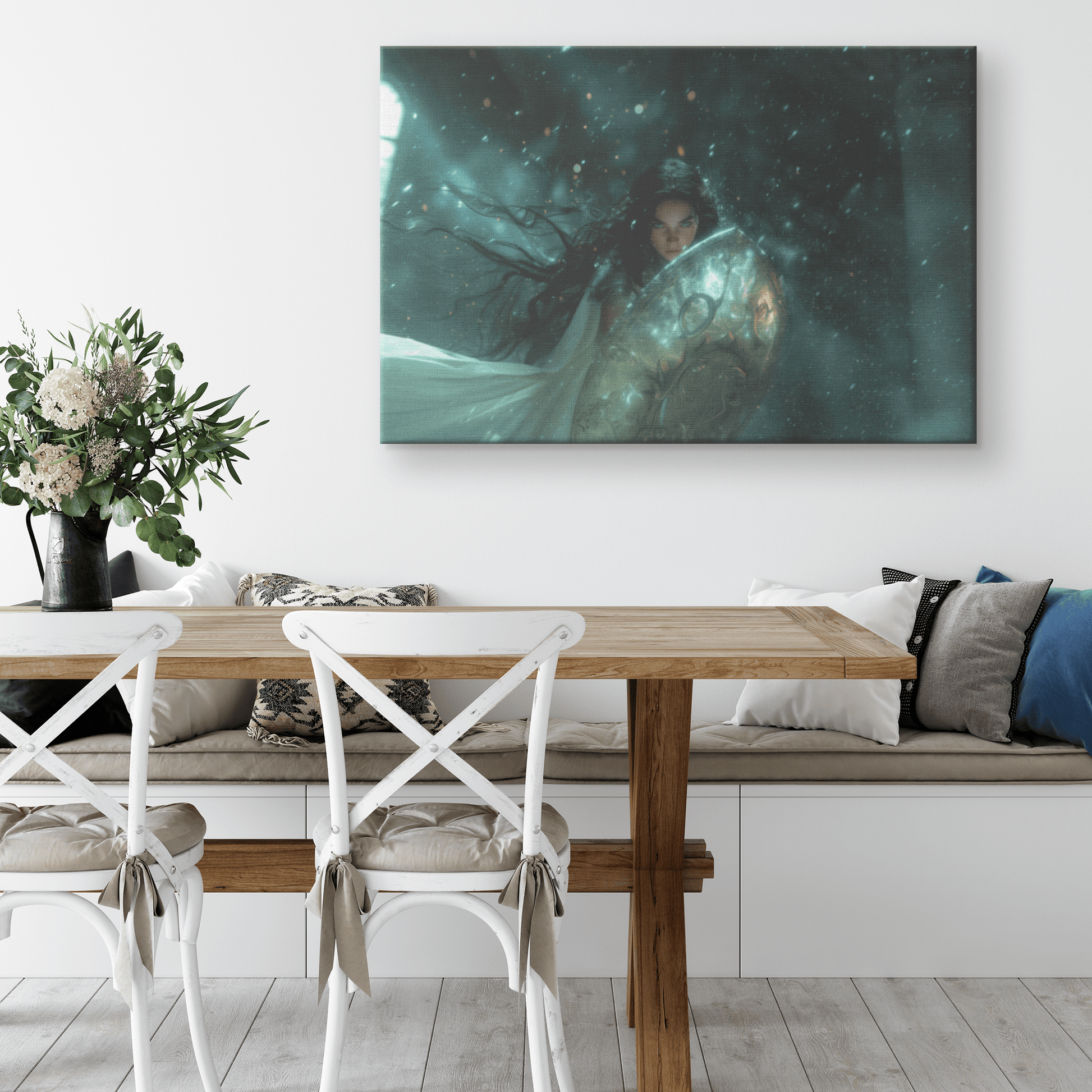 Female Night Elf Paladin Wielding Glowing Shield Shimmering Textures Cascading Silver Highlights Canvas Wall Art - Awakening Righteousness