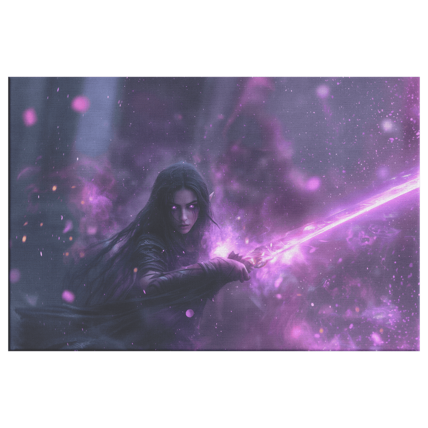 Female Night Elf Paladin Wielding Glowing Warhammer Shimmering Mist Radiant Purple Highlights Canvas Wall Art - Awakening Righteousness