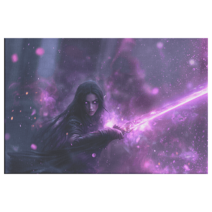 Female Night Elf Paladin Wielding Glowing Warhammer Shimmering Mist Radiant Purple Highlights Canvas Wall Art - Awakening Righteousness