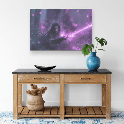 Female Night Elf Paladin Wielding Glowing Warhammer Shimmering Mist Radiant Purple Highlights Canvas Wall Art - Awakening Righteousness