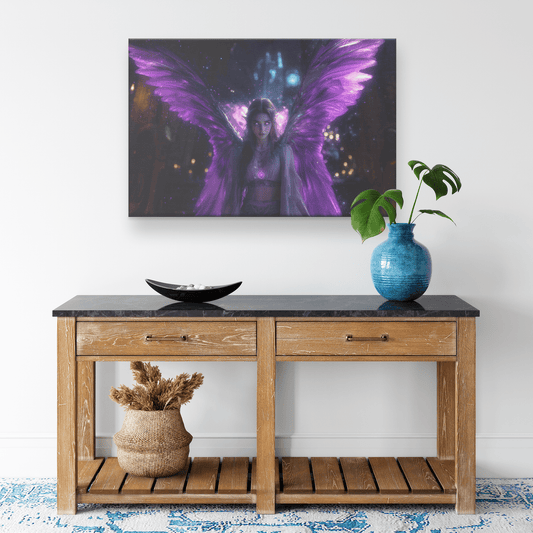 Female Night Elf Priest Glowing Silver Wings Blessing Spell Shimmering Textures Cascading Purple Highlights Canvas Wall Art - Awakening Righteousness