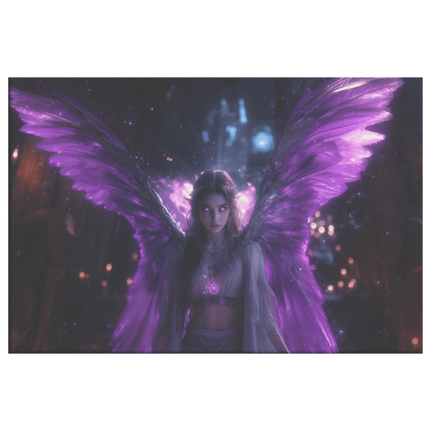 Female Night Elf Priest Glowing Silver Wings Blessing Spell Shimmering Textures Cascading Purple Highlights Canvas Wall Art - Awakening Righteousness